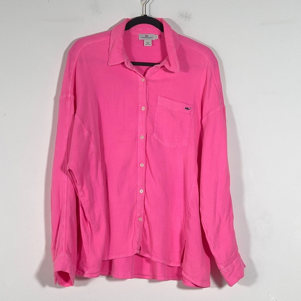 Vineyard Vines Crinkled Gauze Shirt Womens Sz 14 Pink Long Sleeve Relaxed